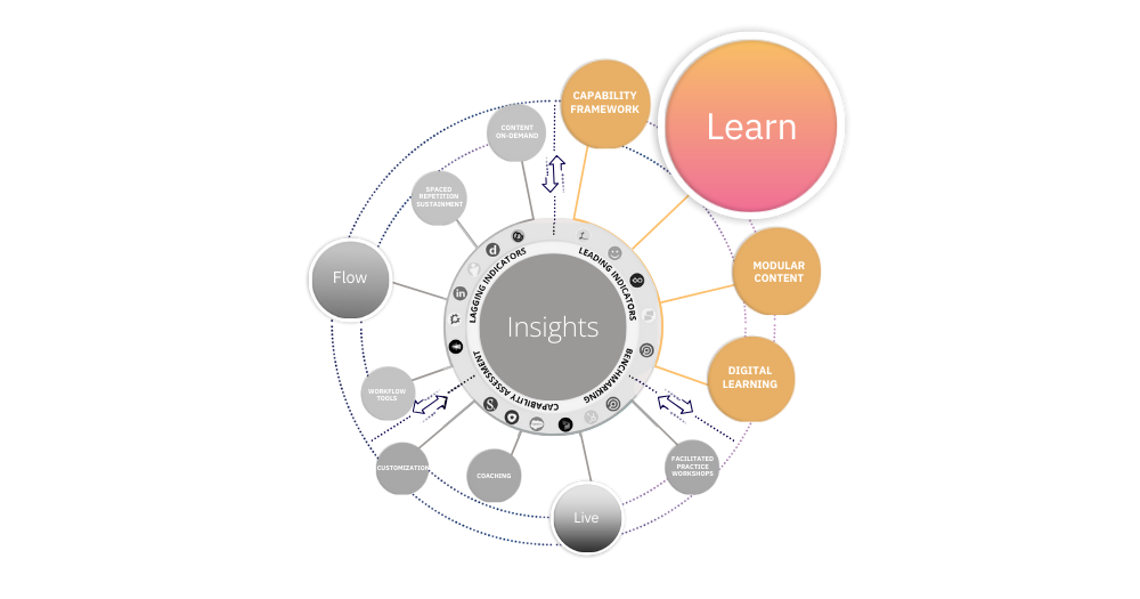 graphic showing the elements of the accelerate learn component of the accelerate sales performance system which are capability framework, modular content, and digital learning